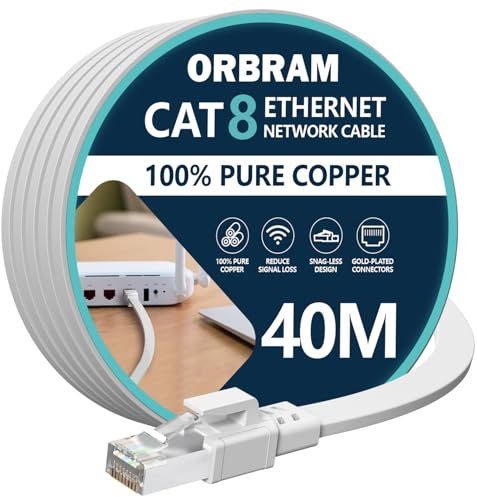 Cat8 Ethernet Cable 40 M, 40Gbps 2000MHz Heavy Duty High Speed Cat 8 LAN Network Cable, Outdoor&Indoor, RJ45 Flat Internet Patch Cord, Weatherproof S/FTP UV Resistant for Router/Modem/Gaming - White