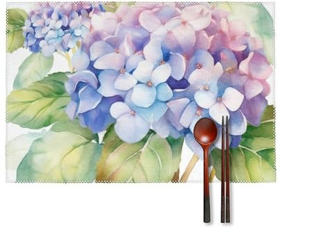 Platzsets für die Küche, Hortensien, Aquarellfarben, 4 Stück, hitzebeständig, rechteckig, Platzsets für Esstisch, waschbar, Party-Dekoration, drinnen und draußen
