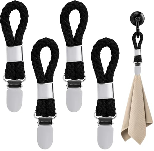 Pinzas para Toallas, 4 Piezas Clips para Paños de Cocina, Ganchos Perchas | Clip de Toalla de té Multifuncional Clips, Pinzas para Toallas con Cordón para Baño Cocina Colgar Colgando Toallas (Negro)