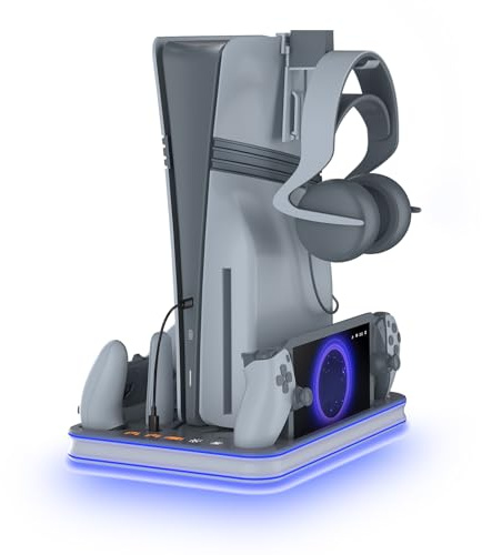 Support et station de refroidissement pour PS5 avec LED RVB Chargeur pour manette PlayStation 5, PS5 Chargeur pour manette Dual Sense & Edge et PS Portal, PS5 / PS5 Slim / PS5 Pro Accessoires Gris