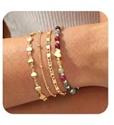 JeweBella 4 Stycken Armband Dam Guld/Silver Bohemiskt Hjärta Armband Naturstenar Armband Kedja Orm Stapelbara Set Justerbar Armband Smycken Kvinnor, Koppar