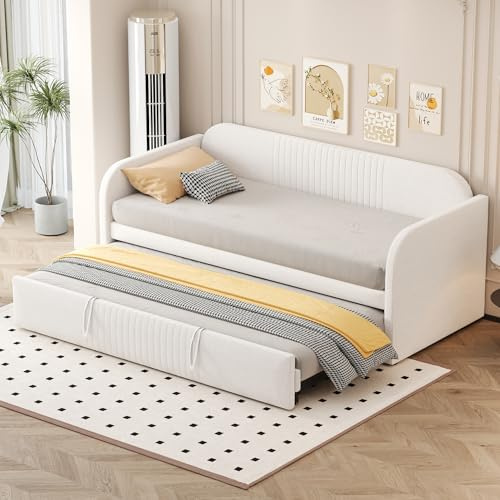 Lubvtti Sofá cama desplegable 90/180×190 cm, cama multifunción de rayas verticales, tela de lino, beige (colchón no incluido)