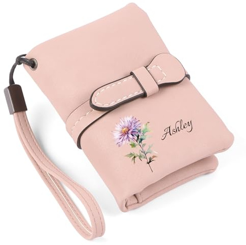 jewelora Personalisierte Damen-Geldbörse mit Geburtsblume und Namen Portemonnaie Damen Klein mit Kartenfach und Münzfach Reißverschluss-Geldbörse für Mutter,Oma,Ehefrau (B-Rosa)