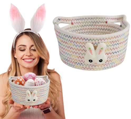 1 cesta de almacenamiento de huevos de conejo de Pascua, cesta tejida para galletas, plato de chocolate, postres, cesta decorativa de cuerda de algodón para decoración de mesa de fiesta, vacaciones,