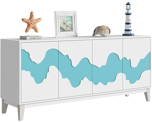UEV Sideboard mit 4 Türen Küchenschrank 160x40x73cm Buffetschrank Holz Aufbewahrungsschrank modern Design mit Wellenmuster für Esszimmer Wohnzimmer Schlafzimmer Flur Weiß&Blau