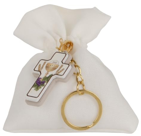 PuntoCasaStore 12 PZ CLIP BAG con Portachiavi Comunione 8x10 cm Bomboniera Portaconfetti Sacchetti Bianchi con Croce Ricordo Bambino Bambina