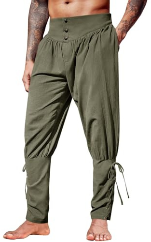Runcati Hombre Pantalón Medieval Ancho, Verde Militar, XL