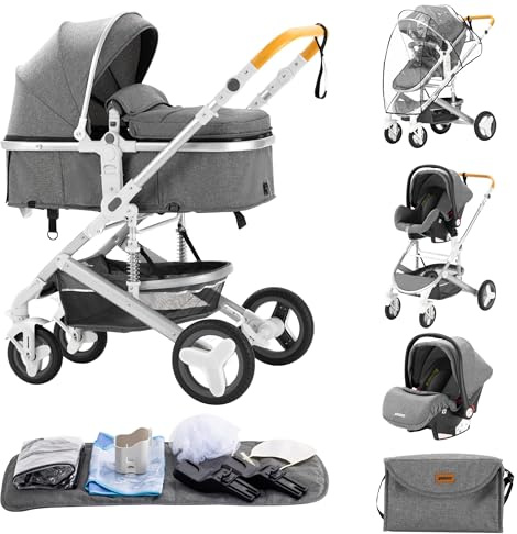 ALYIKOU kinderwagen 3 in 1, Zusammenklappbarer Kinderwagen KombiKinderwagen Aluminiumrahmen für Neugeborene (3 in 1 530 Grau)