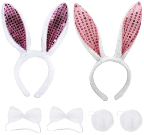WIRZUL 2 Ensemble Déguisement de Lapin Serre-tête d`oreille de lapin+Cravate en forme de nœud papillon+Queue en Peluche Costume Enfant Adulte pour Cosplay Fête Carnaval Halloween Anniversaire