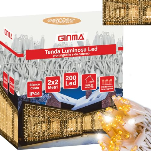 GINMA Luci di Natale Professionali Effetto Tenda Luminosa LED - Certificata IP44 - Basso Consumo e Impermeabili - Prolungabile (Bianco Caldo, 2x2 metri (200 LED))