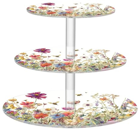 Blueangle 3-Tier Round Cupcake Stand – Herbs and Wild Flowers Acrylic Dessert Tower, Non-Slip Tiered Dessert Stand for Baby Shower, Birthday, Wedding Party （457）