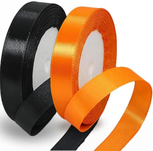 KEWUF 2 Pcs Nastro di Nero Arancione, 20mm x 22m Metri Nastri in tessuto solido, per confezione regalo, artigianato, fai da te, cucito, decorazione della festa nuziale, Decorazioni di Halloween