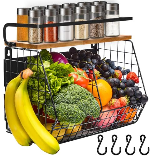 Lermende Magnetic Kitchen Organiser Shelf Fruit Basket Spice Rack 1Pc | Magnetic steel kitchen organiser with fruit basket, spice rack & 4 hooks, no-drill storage for fridge, kitchen & pantry use.
