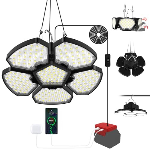 T-SUN LED-hängande lampa för Milwaukee 18 V, LED-upphängning 60 W, 2 belysningslägen 6 000K bärbar campinglampa med USB och typ-C för källare, garage, camping, förråd, nödsituation (utan batteri)