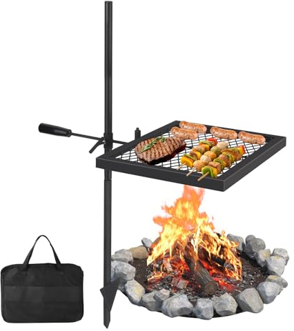 LALFPET Swivel Campfire Grill – Heavy-Duty Steel Grate 42x32cm with Carry Bag, 360° Adjustable Over Fire Pit BBQ Cooking Rack, Portable Outdoor Grilling, Vertical, Grill Storage, One Baking Tray Two
