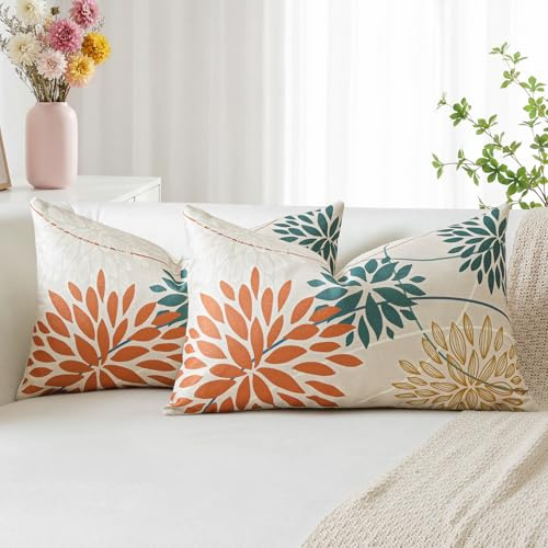 Artscope 2 Pieces Dahlia Floral Orange Blue Geometric Cushion Covers 40 x 60 cm, Spring Cushion Bohemian Flowers Decorative Linen for Home Decoration Living Room Bedroom Sofa