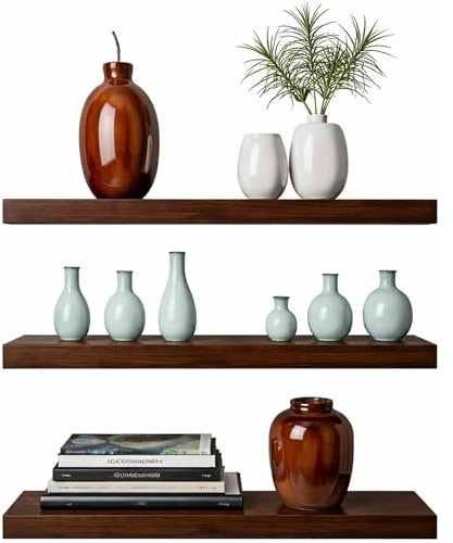 TOREOKO Wandregal Holz Dunkel 3er Set, Schweberegale 41cm Regalbrett Nussbaum, Hängeregal Schwebend Unsichtbare Halterung, Wandregal Rustikal Wohnzimmer Schlafzimmer Küche, Belastbar 15kg