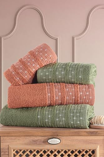 Bath Towel Set 4 Piece Cotton Pearl Boxed Hamam Towel Set 70x140cm Absorbent Quick Dry Spa Quality Gift Set Khaki and Brick - Khaki and Brick, One Size