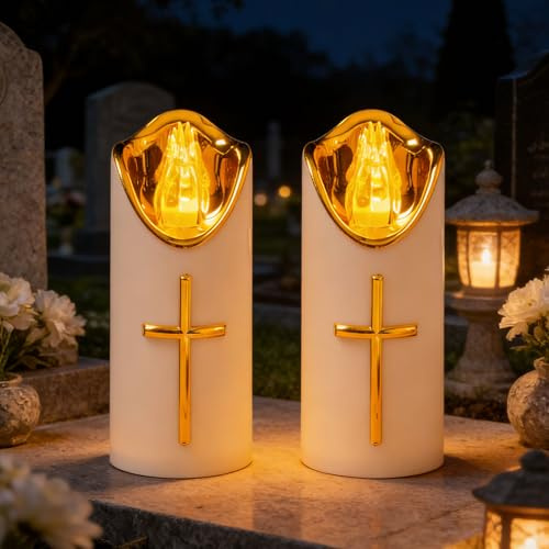 LED Grablichter für Draußen, 2er LED Kerzen Grablicht Grabkerzen Flackereffekt wie echte Kerze, Wiederverwendbar Friedhofskerze Gedenkkerze Batteriebetriebene Grablampe für Grab Tiergedenken (2)