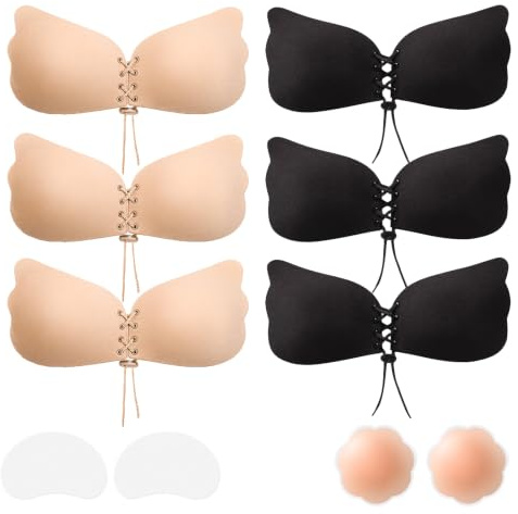 LLIMRNT Winged Push Up Sticky Bra for Women, 2 Pack Invisible Adhesive Strapless Backless Bra with Drawstring Lift, Skin-Friendly Silicone Cups, Reusabl— Party, Wedding, Everyday