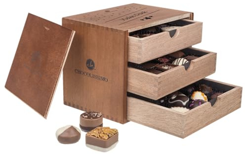 CHOCOLISSIMO - Regali di Cioccolato - Regalo di Ringraziamento al Cioccolato in Scatola di Legno - 30 Praline Fins Avec Alcool - Idee Regalo di San Valentino per Uomini, Donne, Padri e Madri