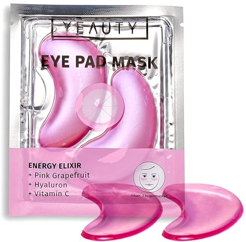 YEAUTY ENERGY ELIXIR EYE PAD MASK, feuchtigkeitsspendende Augenpads mit Pink Grapefruit, Hyaluron und Vitamin C, erfrischt und belebt die Haut für einen vitalen Teint, 1x 2 Stück