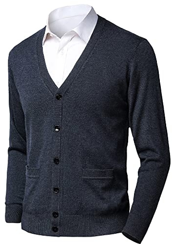 Btmpmcs Cárdigan de Punto para Hombre Cuello de Pico Otoño Invierno Cálido Chaqueta Suéter de Manga Larga de Moda Casual Jersey Clásico SóLido Color Rebecas con Botones y Bolsillos