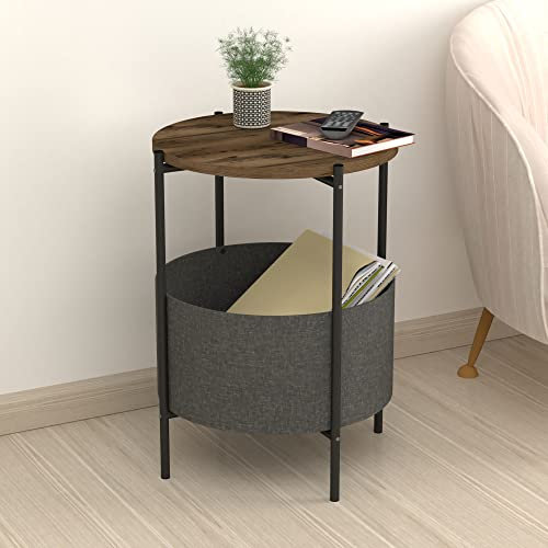 [en.casa] Beistelltisch Hofors Nachttisch Wohnzimmertisch mit Stauraum rund Korb Sofatisch mit Metallgestell Telefontisch Anthrazit Eiche-Optik