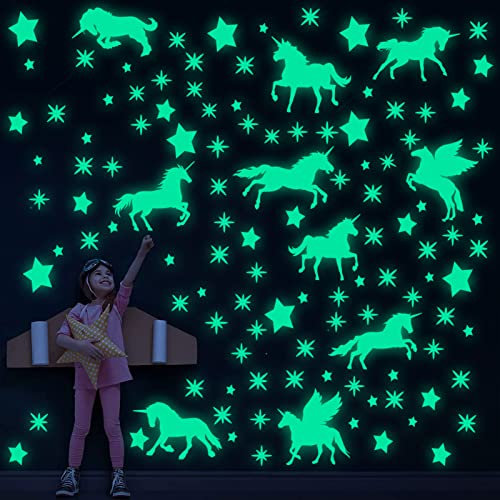 Leuchtsterne Wandtattoo Einhorn Kinderzimmer Mädchen Leuchtsticker Einhorn Leuchtsterne Selbstklebend Wandsticker Sternenhimmel Leuchtaufkleber Aufkleber Babyzimmer Deko Geschenke für Mädchen Jungen