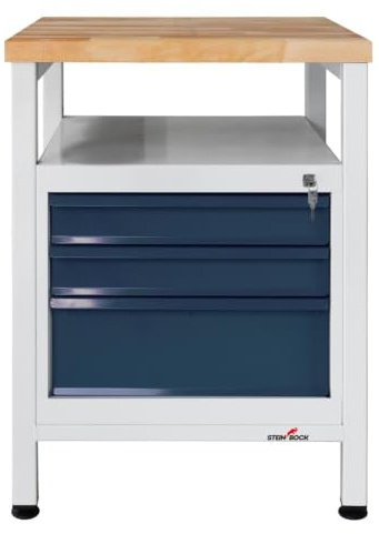 Steinbock Werkbank 3 Schubladen + Boden | 60x84x60 cm | 300 kg | Grau | 300 kg Tragkraft | 4 cm geölte Massivholz-Arbeitsplatte aus Buche | stabiles Stahlgestell | Werktisch | Made in EU