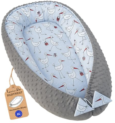 Leanbe Babynest 90x50 cm – Babynestchen für Neugeborene, Nestchen Baby aus Baumwolle & Polyester, Bettnestchen für Winter/Herbst, Baby Nest Set für Indoor & Outdoor (MINKY GRAU - STÖRCHE)