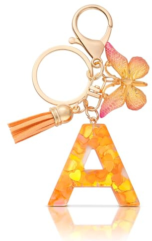 CHUQING Porte Clé Lettre Papillon en Résine Pompon pour Femme Orange A