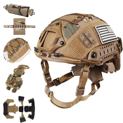 LZAQHMT Casco Tattico Da Paintball Regolabile Con Tasca Per Contrappeso, Copricasco E Fodera Migliorata - Equipaggiamento Militare Per CS, Airsoft E Cosplay(TAN)
