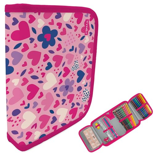 itenga Schüler-Etui 28 teilig gefüllt 1-Zipper Federmäppchen für Jungen und Mädchen (Herzen)
