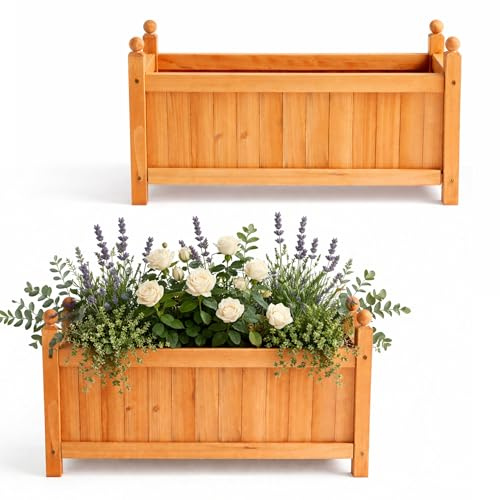 GARDEN TIME Large Wooden Rectangular Planter Box – Outdoor Raised Garden Bed Planter Trough with Slatted Cover & Ball Top Finials – Fir Wood Plant Pot for Flowers, Herbs, Vegetables & Patio (2)