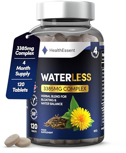 HealthEssent WaterLess™ Water Retention Tablets with Dandelion Root, Green Tea, Potassium & Vitamin B6 - (4 Month Supply) Natural Debloat & Fluid Support - 120 Vegan Tablets - Made in UK