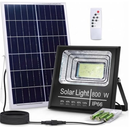 Themishop Faro Solare LED 800W con Pannello Solare, Luce Esterno 6500K Ultra Potente, Sensore Crepuscolare Automatico, Telecomando, IP66 Impermeabile, Faretto da Esterno per Giardino, Cortile, Strada