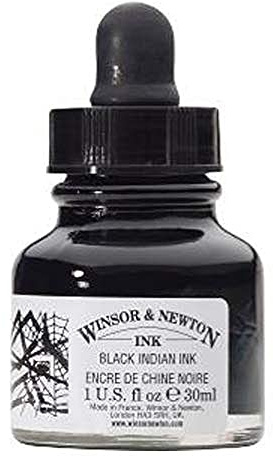Winsor & Newton Tinta para Dibujo Drawing Ink - frasco de 30ml cuenta gotas, tinta china negra, indian ink, resistente al agua y la luz