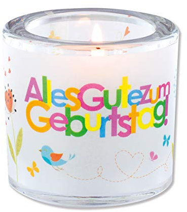 Butzon & Bercker Lichtmomente Windlicht – Alles Gute zum Geburtstag – Mundgeblasenes Glas mit Blumendesign & Spruch – Dekoratives Teelicht im Kerzenglas mit Geschenkverpackung