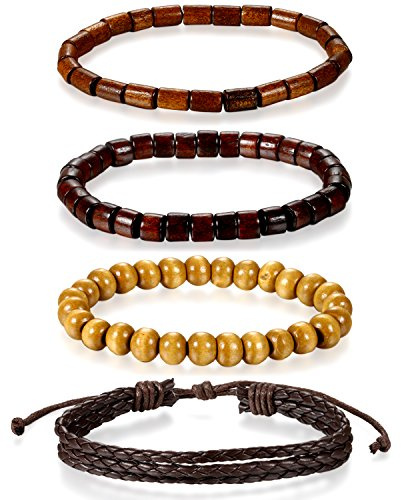 Flongo 4 Stück Leder Holz Armband Armreif Lederarmband Kordelkette Seil Schwarz Braun Mehrfarbig Geflochten Surfer Wickeln Motorradfahrer Verstellbar Einstellbar Herren,Damen Modell N