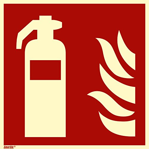 Feuerlöscher Schild, Hart-PVC langnachleuchtend 55/8 mcd DIN 67510 Leuchtklasse B, selbstklebend, 200 x 200 mm gemäß ASR A1.3 / ISO 7010 F001, Brandschutzzeichen Schild, 20 x 20 cm