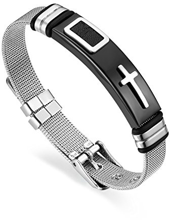 JewelryWe Schmuck Herren Armband, Klassisch Kreuz Mesh Kette Armreif, Edelstahl Gummi Kautschuk, verstellbare Größe, Schwarz/Gold Silber, Kostenlose Gravur