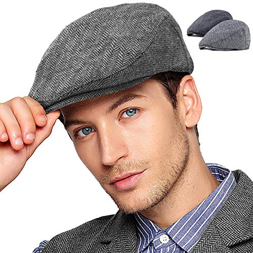 2Pack Classic Newsboy Hat Men Flat Cap Wool Blend Tweed (Black+Grey, S/M, 7 1/4)