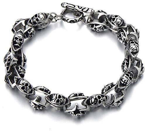 JewelryWe Totenkopf Armband Herren Biker Armkette Edelstahl Gotik Schädel groß schwer Glieder Link Kettenarmband Armreif Silber
