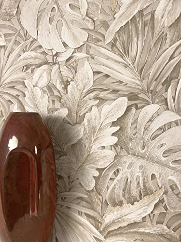 Newroom Vliestapete Beige Dschungel Blätter Tapete Wohnzimmer | tropisches Monstera-Muster mit Blattadern, changierender Schimmer, Mustertapete Tapete botanisch, Schlafzimmer Flur
