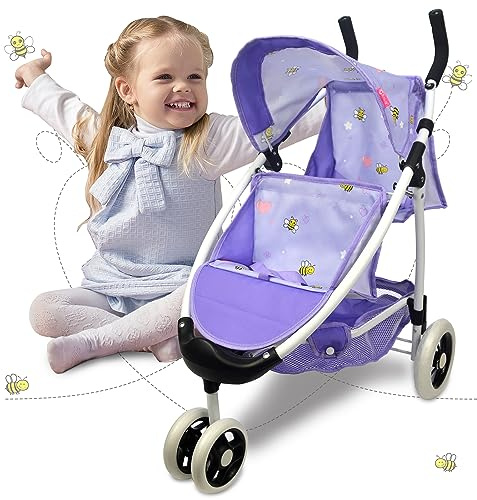 Doll Stroller Toy Anivia Realistic Twin Dolls Pram, Doll Pushchair with Shopping Basket Heart Design Gifts for Toddlers and Girls Foldable Baby Doll Stroller Toy (DA310pur)