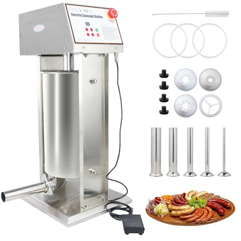 Hakka 30LB Electric Sausage Stuffer, Stainless Steel Electric Sausage Makers and Churro Makers Commercial Sausage Filling Machine with 5 Stuffing Tubes 4 Churros Making Parts