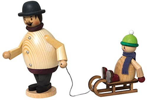 Drechslerei Kuhnert - Rauchmann/Räucherfigur aus Holz - Max mit Mäxchen auf dem Schlitten - 16cm Höhe - Made in Germany