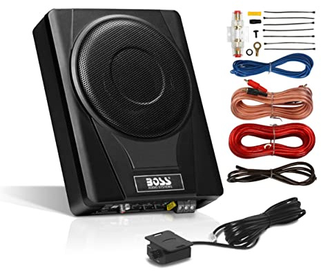 BOSS Audio Systems BASS8K 8 Inch Powered Car Subwoofer and Amplifier Wiring Kit Package - 800 Watts Max Power, Under Seat, Low Profile, 8 Gauge Wiring Kit, for Truck Boxes and Enclosures