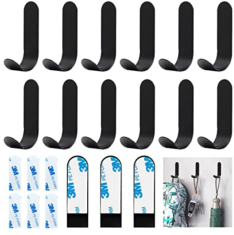Realure 12 Pcs Stainless Steel Self Adhesive Wall Hooks - Black, Extra Strong, No Nails, Stick On, Heavy Duty, Small, Sticky, for Kitchen & Bathroom